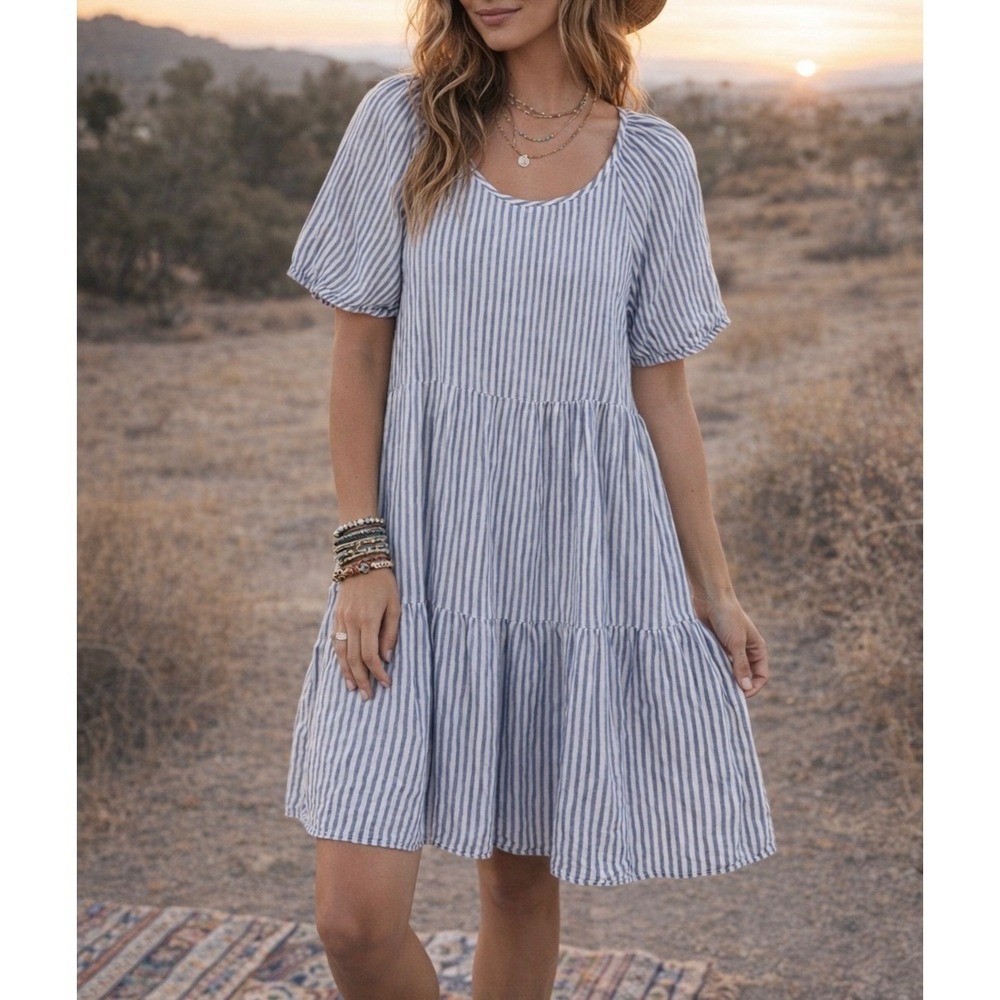 BeachLunchLounge Tiered Dress XS Blue Linen Cotton Stripe Summer Cottagecore